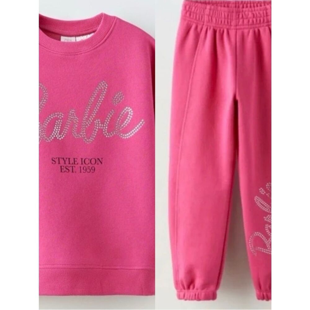 Zara Barbie Theme Hot Pink Gem Accent Sweatsuit Sz 6-7